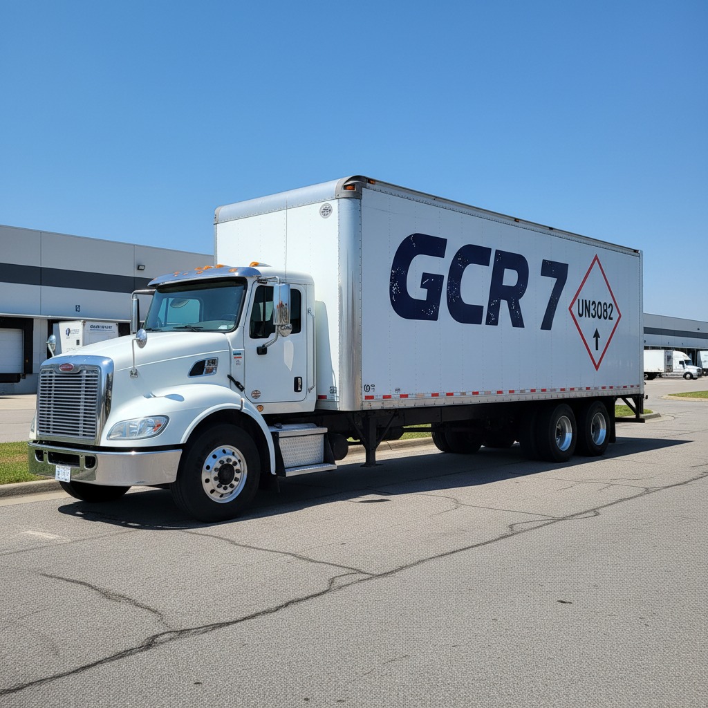 Un camión de carga blanco con el logotipo GCR 7 estacionado en un patio industrial bajo un cielo despejado.
