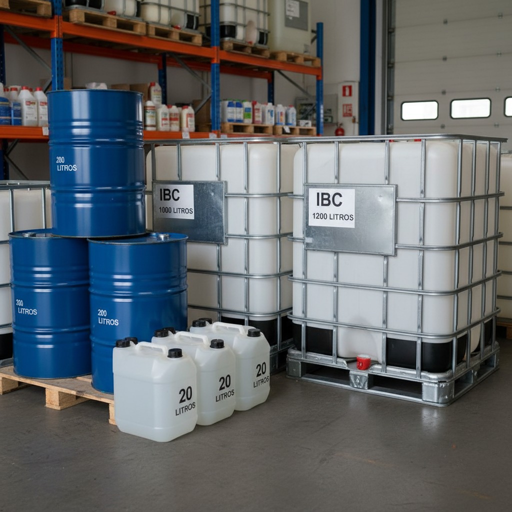 Contenedores industriales, tambores azules y garrafas de plástico almacenados en un almacén con estanterías metálicas.