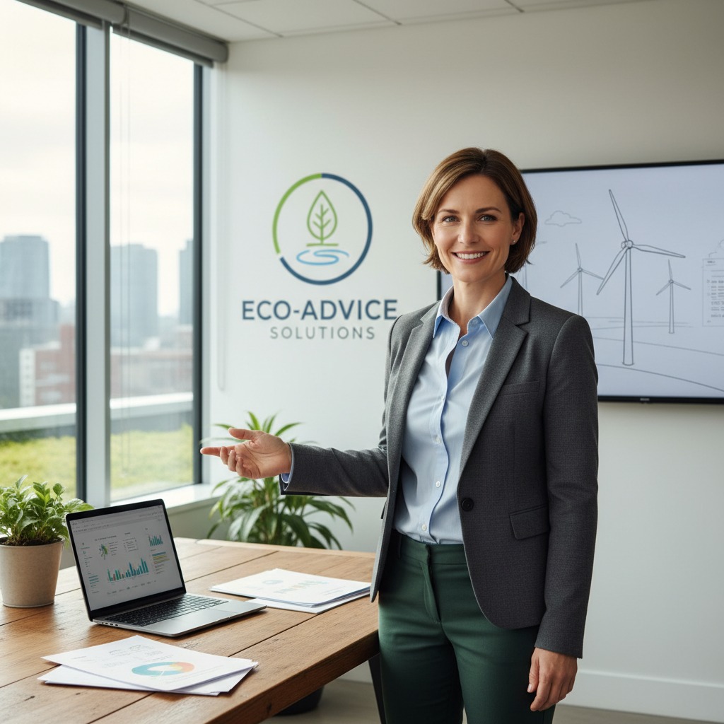 Una consultora de negocios sonríe mientras señala una computadora portátil con gráficos de datos en una oficina con el logotipo de Eco-Advice Solutions.